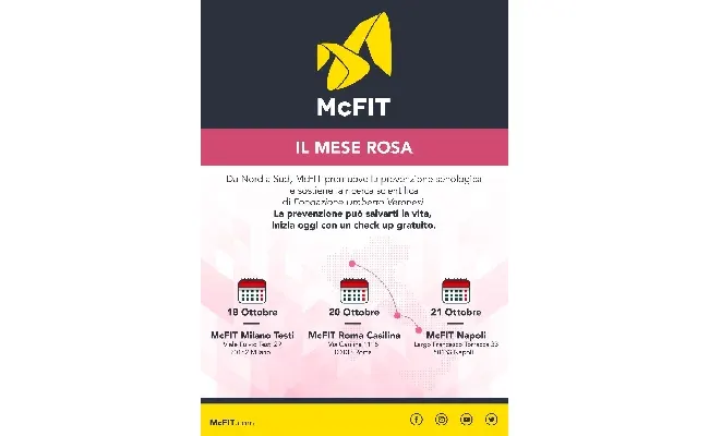 McFit Italia al fianco della Fondazione Umberto Veronesi: a ottobre tre giornate dedicate allo screening senologico